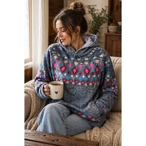 Fair Isle Knit Hoodie Women’s Large Gray Nordic Sweater Cozy Pullover